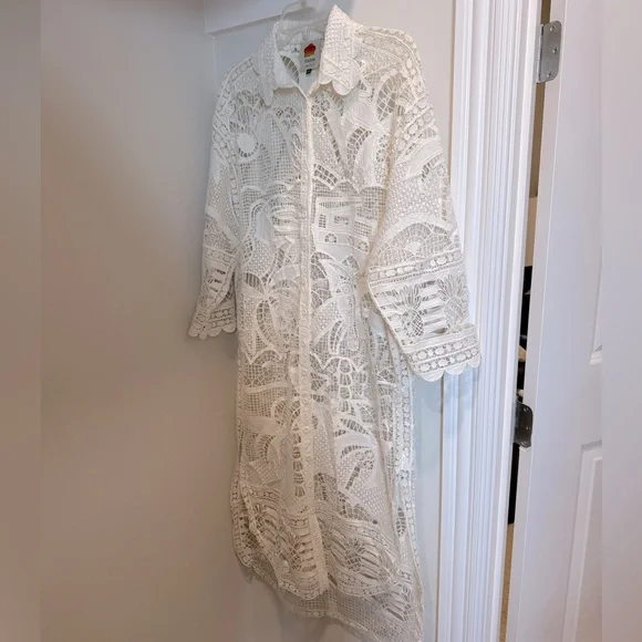 Farm Rio Guipure Ivory Lace Crochet Midi Shirt Dress Swim Coverup Women’s Small - Picture 7 of 9